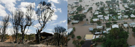 Restes d'une maison de Wandong à 50 km de Melbourne (à g.) et la région inondée d'Ingham (Etat de Queensland).(Photos : Reuters/Daniel Munoz et AFP/Brooke Baskin)