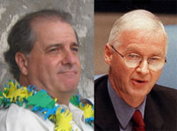 Les deux diplomates canadiens, Louis Guay (g) en juin 2005 (alors ambassadeur du Canada au Gabon) et Robert Fowler, en mars 2000.(Photos : www.brainforest.org / AFP)