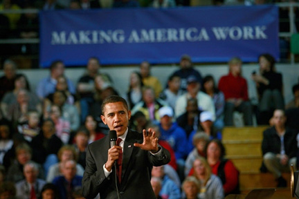 Le président américain lors d'un meeting à Elkhart, dans l'Indiana, le 9 février 2009.(Photo : AFP)