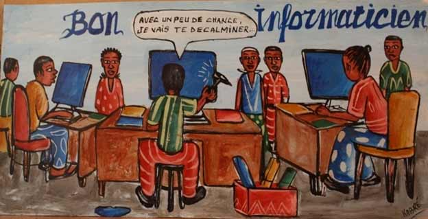 Peinture de Mr Kabré sur le phénomène des TIC en Afrique.(Crédit : <a href="http://burkina-ntic.net/" target="_blank">Burkina NTIC</a>)