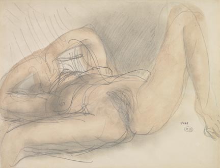 Femme nue sur le dos et de face, bras et jambes repliés et écartés.© Musée Rodin. Photo : Jean de Cala.