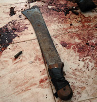 Le sol maculé de sang et les projections qui marquent le sol de la salle à manger témoignent de la violence des assaillants.(Photo : L. Correau/RFI)