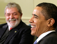 Le président américain Barack Obama et son homologue brésilien Luiz Inacio Lula da Silva dans le bureau ovale de la Maison Blanche, à Washington, le 14 mars 2009.(Photo : Reuters)