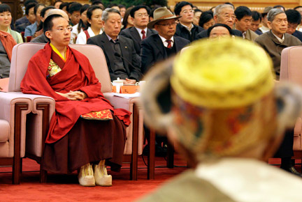 Le Panchen Lama, Gyaltsen Norbu, lors de la cérémonie célébrant le 50e anniversaire de l'émancipation des serfs, au palais du Peuple, à Pékin, le 28 mars 2009.(Photo : Reuters)