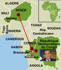 Pour son quatrième voyage en Afrique, le président français Nicolas Sarkozy, se rend le 26 mars en RD-Congo et Congo-Brazzaville et au Niger le 27 mars.(Carte : RFI)