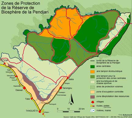 Carte des zones de protection de la réserve de la Pendjari.© T.K.Buttschardt/ Arli Natitingou 2003.