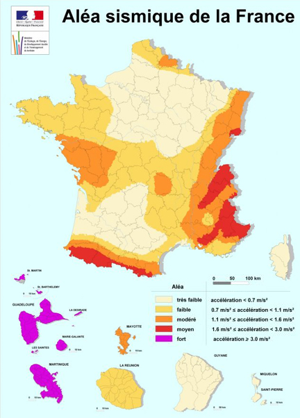 Carte nationale d'aléa sismique - projet de futur zonage, établi par le Groupe d'Etude et de Proposition pour la Prévention du risque sismique
en France (GEPP) pour le compte du Ministère de l'Ecologie, de l'Energie, du Développement Durable et de l'Aménagement du Territoire.(Carte : BRGM /2005)