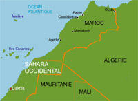 Le territoire du Sahara occidental, 266 000 km² pour une population estimée de 390 000 habitants, est disputé par le Maroc et le Front Polisario.(Carte : S. Borelva / RFI)