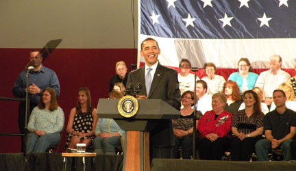 Barack Obama à Saint-Louis (Missouri) lors d'une réunion publique, le 29 avril 2009.(Photo: Donaig Ledu / RFI)