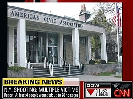 Le bâtiment de l'American Civic Association, à Binghamton, dans l'Etat de New York, où a eu lieu la prise d'otages, le 3 avril 2009.  (Photo : AFP)