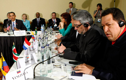 Réunion des chefs d'Etat de l'Union des nations sud-américaines (Unasur) au sommet des Amériques, à port d'Espagne, le 18 avril 2009.(Photo : Reuters)