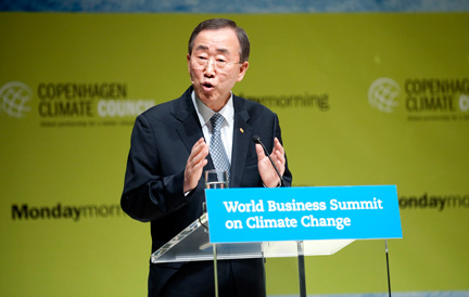 Le secrétaire général des Nations unies Ban Ki-moon a ouvert ce dimanche à Copenhague une conférence internationale sur le rôle crucial des entreprises dans la lutte contre le réchauffement climatique.( Photo : Reuters )