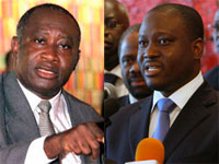 Le chef de l'Etat ivoirien, Laurent Gbagbo (g) et le Premier ministre, Guillaume Soro.(Photo : Reuters)