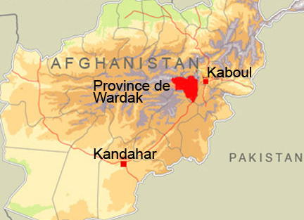 C'est sur une route de la province de Wardak, à l’ouest de Kaboul, que les 4 soldats français et leur interprète afghan ont été blessés, dimanche&nbsp;24 mai, lors de l’attaque de leur véhicule.(Carte : RFI)