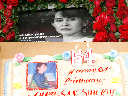 Un gâteau et une image d'Aung San Suu Kyi conçus par les membres de la coalition Birmanie libre, pour célébrer son 64e anniversaire et dénoncer sa détention.( Photo : Romeo Ranoco / Reuters)