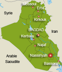 L'attentat dans la ville irakienne de Nassiriyah a fait une trentaine de morts le 10 juin 2009.(Carte : Latifa Mouaoued/RFI)