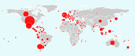 Situation mondiale de la pandémie de grippe (AH1N1) au 6 juillet 2009.© OMS 2009