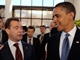La chancelière allemande Angela Merkel, le président russe Dmitri Medvedev et son homologue américain Barack Obama au sommet du G8 à L'Aquila en Italie, le 9 juillet.(Photo : Reuters)