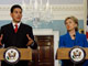 Le chef de la diplomatie britannique David Miliband (g) au cours d'une conférence de presse conjointe avec la secrétaire d'Etat américaine Hillary Clinton, à Washington, le 29 juillet.(Photo : Jason Reed/Reuters)