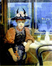 Buveuse d'absinthe au café de la nouvelle Athènes, gravure de 1896. Albert Bertrand.© Musée de l’Absinthe, Auvers-sur-Oise.