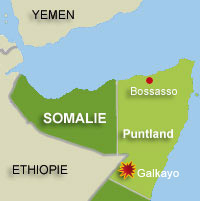 Sept prédicateurs pakistanais ont été tués par des hommes masqués dans une mosquée à Galkayo, dans le Puntland, le 12 août 2009.(Carte : RFI)