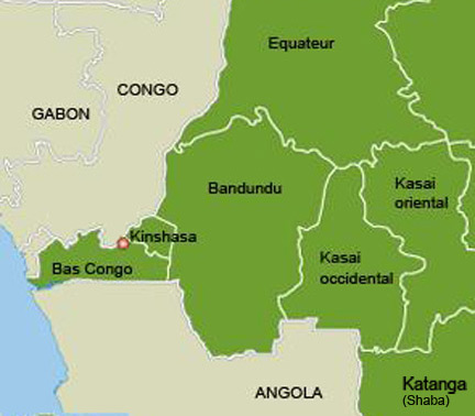 Les expulsés viennent des provinces frontalières qui vont du Bas-Congo au Katanga.(Carte : RFI)