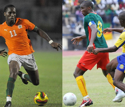 Didier Drogba (g.) et Samuel Eto'o, buteurs lors de la 4e journée.(Photos : AFP)