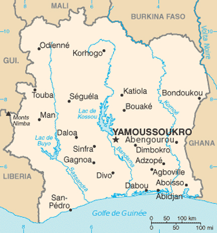 Carte de la Côte d'Ivoire.( Carte: Wikimedia.org)