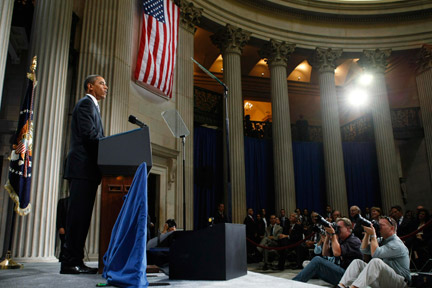 Le président américain, Barack Obama, lors de son discours sur l'économie, au coeur de Wall Street, à New York, le 14 septembre 2009.(Photo : Reuters)