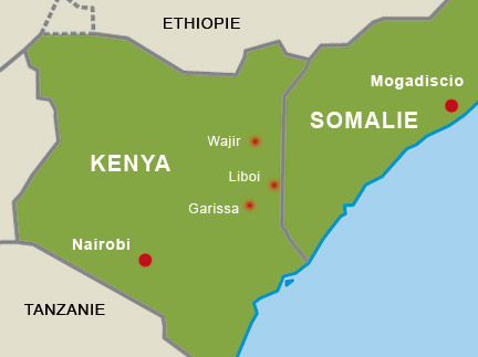 Des renforts militaires ont été déployés sur Liboi, Garissa et Wajir, principaux points d’entrée au Kenya.(Carte : RFI)