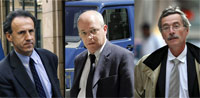 Les juges français : Henri Pons (g), Jean-Marie d'Huy (c) et Renaud Van Ruymbeke (d).(Photo : Fred Dufour/Joël Sage/tAFP)