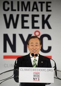 A New York, le 21 septembre, Ban Ki-moon lance la «&nbsp;Semaine du climat&nbsp;» dont le point culminant devrait être la conférence mondiale qui se tiendra lors de l'Assemblée générale de l'ONU du 22 septembre .(Photo : AFP)