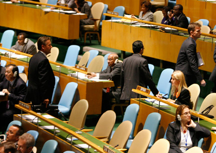 Au moment du discours du président iranien Ahmadinejad, la délégation allemande quitte la salle, tout comme l'ont fait la France, les Etats-Unis et neuf autres délégations.(Photo : Lucas Jackson/Reuters)