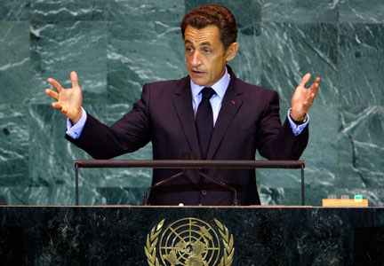 Le président français Nicolas Sarkozy lors du sommet des Nations unies à New York, le 23 septembre 2009.<em>(Photo : Mike Segar / Reuters)</em>