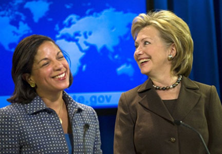 L’ambassadrice des Nations unies Susan Rice (à g.) et la secrétaire d’Etat américaine Hillary Clinton durant une conférence de presse à Washington, le 19 octobre 2009.(Photo : Jim Watson / AFP)