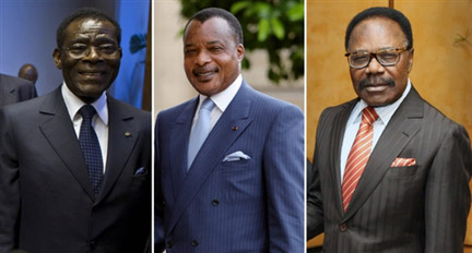 Le président de la Guinée-Equatoriale, Teodoro Obiang (g), le président du Congo, Denis Sassou Nguesso (c) et le défunt président du Gabon, Omar Bongo Ondimba.(Photo : AFP)