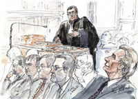 Croquis de la plaidoirie de l'avocat de Nicolas Sarkozy, Me Herzog (c), à l'encontre de l'ancien Premier ministre français, Dominique de Villepin (d), lors du procès Clearstream, au Palais de justice de Paris, le 19 octobre 2009.(Photo : AFP)
