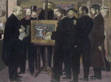 Maurice Denis, <em>Hommage à Cézanne</em>, 1900, olej, płótno, Paryż, Muzeum Orsay. Vollard stoi za sztalugą.Fot. RMN, Hervé Lewandowski, ADAGP, Paris 2006