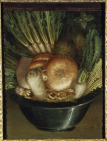 Giuseppe Arcimboldo, <em>Martwa Natura/Człowiek-warzywniak </em>(obraz odwracalny), olej na desce, 35x24 cm© Cremona, Museo Civico Ala Ponzone