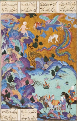 <em>Podróżujący karawaną dostrzega Zala, którego Simorgh karmi w swoim gnieździe</em>, Iran, Tabriz, 1524-1539©Smithsonian, Feer Gallery of Art and Arthur M. Sackler Gallery