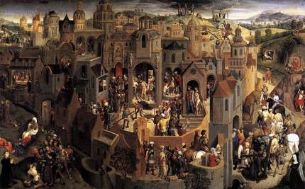 Choć nic nie wskazuje na bezpośredni wpływ przedstawień teatralnych na ten obraz niderlandzkiego mistrza, znajdujemy na nim podział przestrzeni na mansjony, jak w średniowiecznych dramatach.Hans Memling <em>Pasja Chrystusa</em> (ok. 1470)&nbsp;Pinakoteka Turyńska
