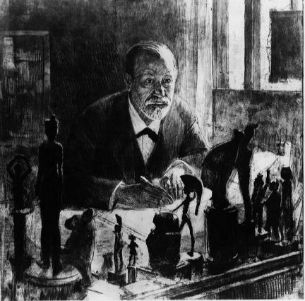 Max Pollak, <em>Sigmund Freud w swym gabinecie przy Bergasse nr 19 w Wiedniu</em>, rycina, 1914 r.© The Freud Museum