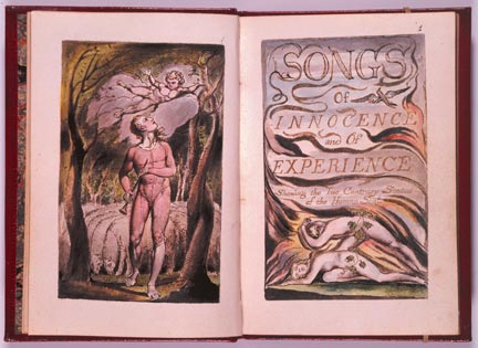 William Blake, <em>Pieśni niewinności</em>, frontospis i strona tytułowa, akwaforta wypukła z akwarelą, 1789© The Wormsley Library, Grande Bretagne