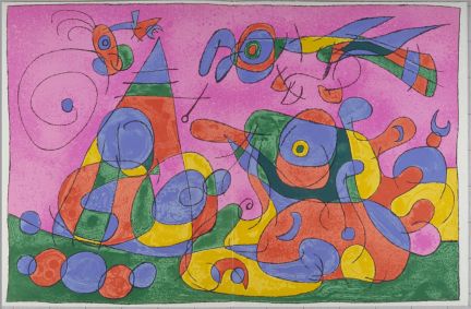 Juan Miró, tablica IX: "Le trésor et la mère Ubu", Paris, Tériade éditeur, 1966. Dar Alice Tériade. Fot. Philip Bernard, Musée départemental Matisse, Le Cateau-Cambrésis, © Successió Miró – ADAGP 2009
