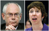 Nowy prezydent UE , belgijski premier Herman Van Rompuy i jego Wysoki przedstawiciel ds polityki zagranicznej,Brytyjka Catherine Ashton(Foto: Reuters)