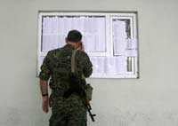 Грузинский солдат у стены со списками раненых в больнице города Гори.(Photo: Reuters)