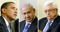 Президент США Барак Обама, премьер-министр Израиля Б.Нетаньяху и палестинский руководитель Махмуд Аббас.Фотомонтаж: RFI