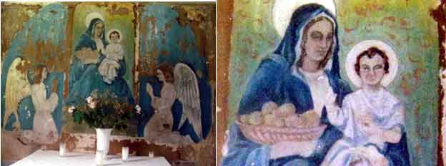 Дева Мария с младенцем Иисусом.  Настенная фреска в церкви на о.Руаяль кисти ссыльного Франсиса Лягранжа.N.Carel / RFI