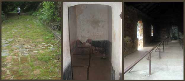 Остров Руаяль. Слева направо : дорога, вымощенная каторжными; камера-одиночка с остатками металлического остова кровати; одно из помещений блока для умалишенных. N.Carel / RFI
