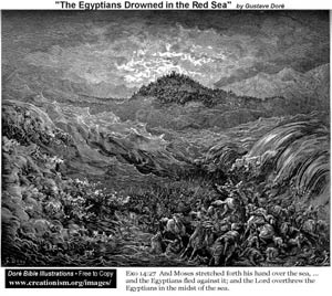 Красное море смыкается над армией фараона. Гравюра Гюстава Доре.www.creationism.org/.../dore_fr.htm